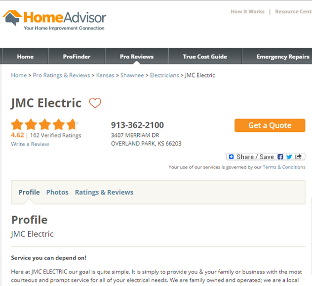 Kansas City Home Advisor Electrician 5 Star Ratings