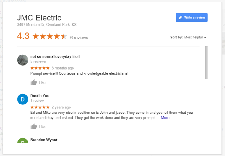 Google Five Star Reviews JMC Electric