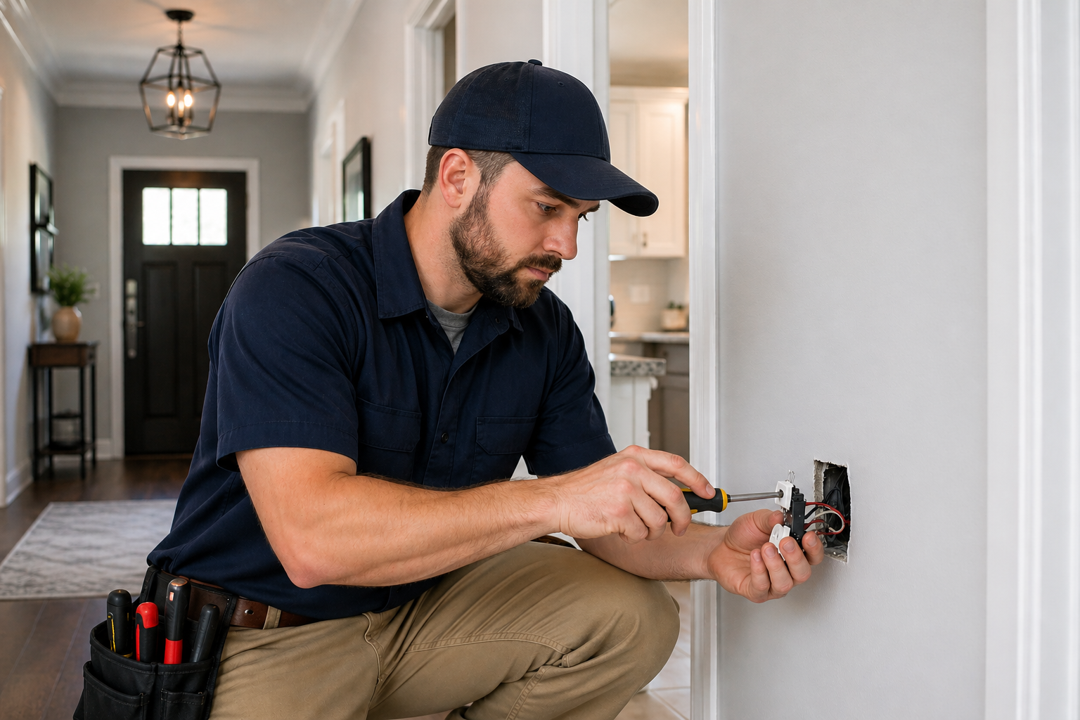 Licensed electrician inspecting electrical wiring in a Kansas City home
