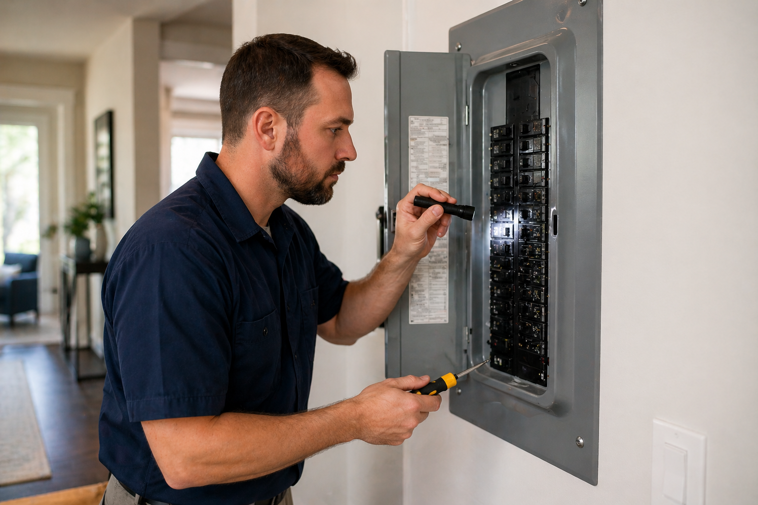 Licensed home electrician inspecting electrical system in a Kansas City home