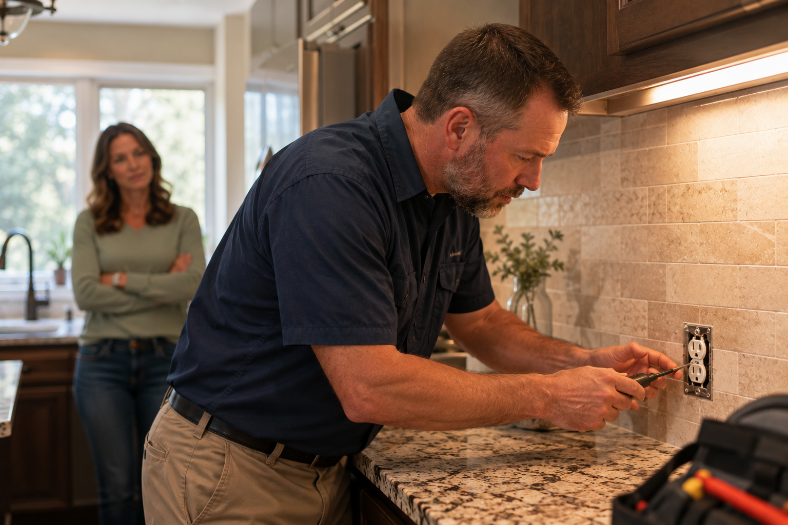 Electrician inspecting a worn electrical outlet in a Kansas City home kitchen