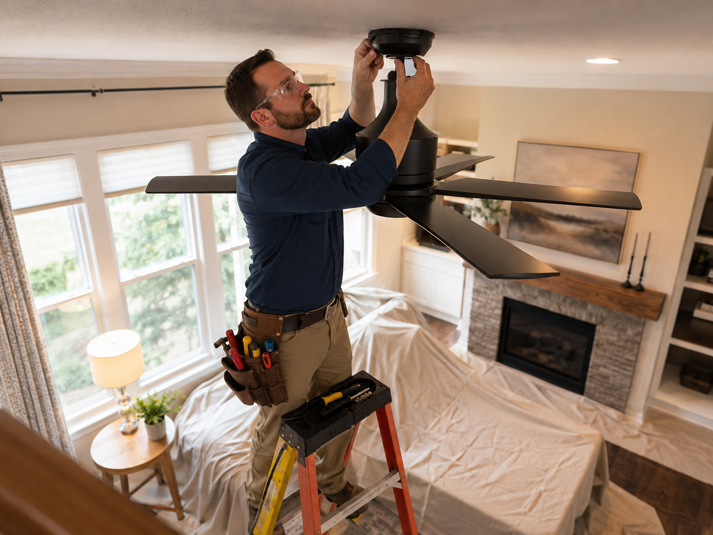 JMC Electric electrician securely installing a ceiling fan in a Kansas City-area home