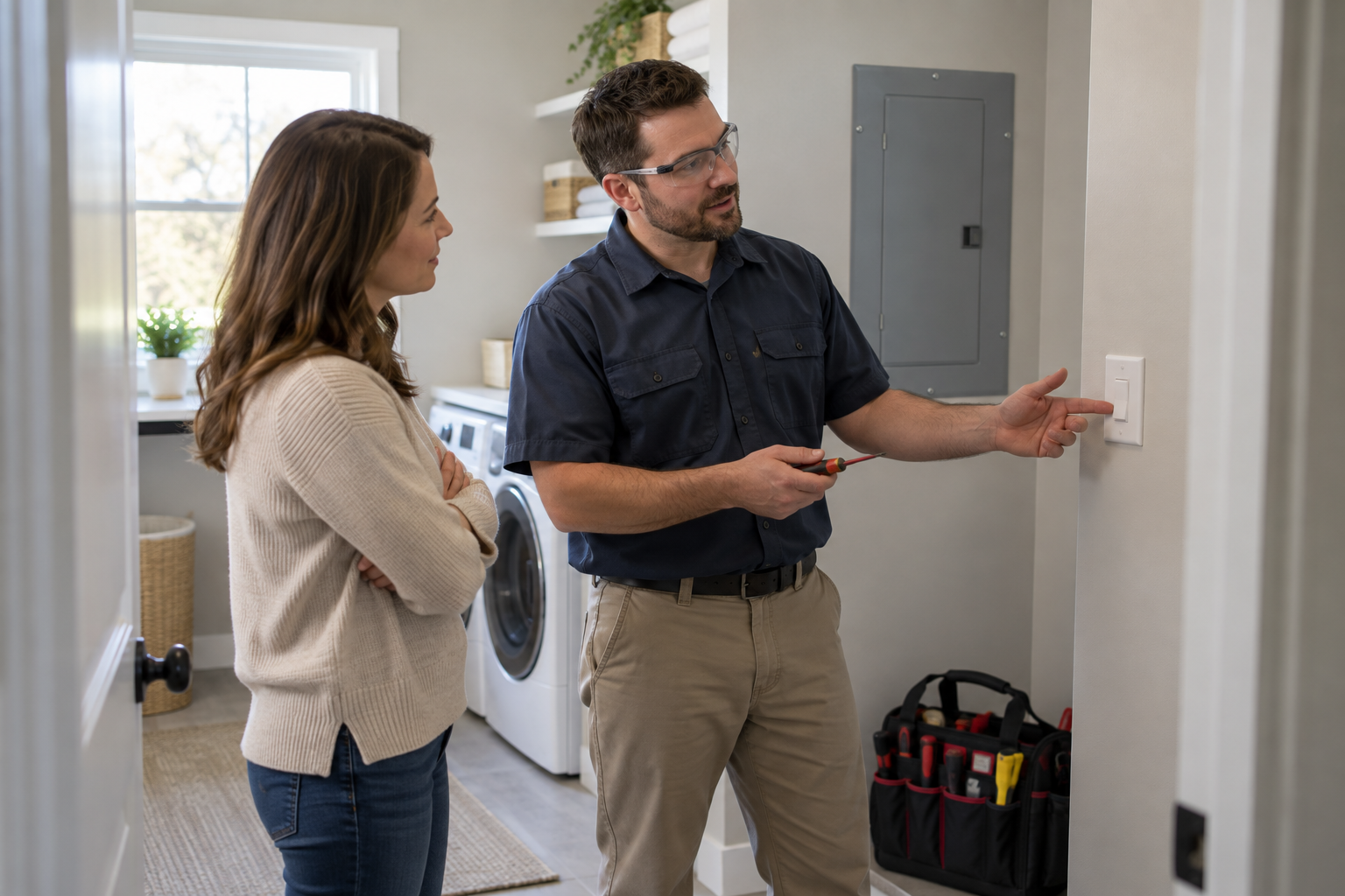 JMC Electric residential electrician discussing electrical service with a homeowner in a Kansas City-area home.